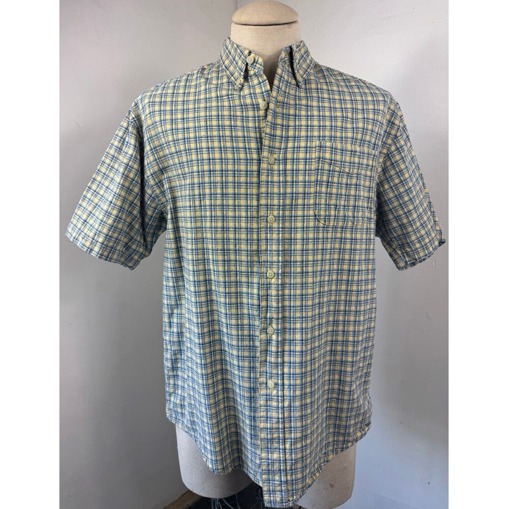 Route 66 Shirt Men’s Medium Blue & Beige Plaid Button Up Short Sleeve